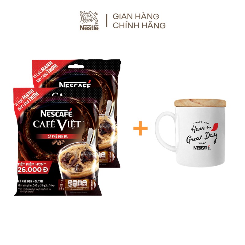 [Tặng 1 ly sứ nắp gỗ] Combo 2 bịch cà phê hòa tan Nescafé café Việt cà phê đen đá (Bịch 35 gói x 16g)