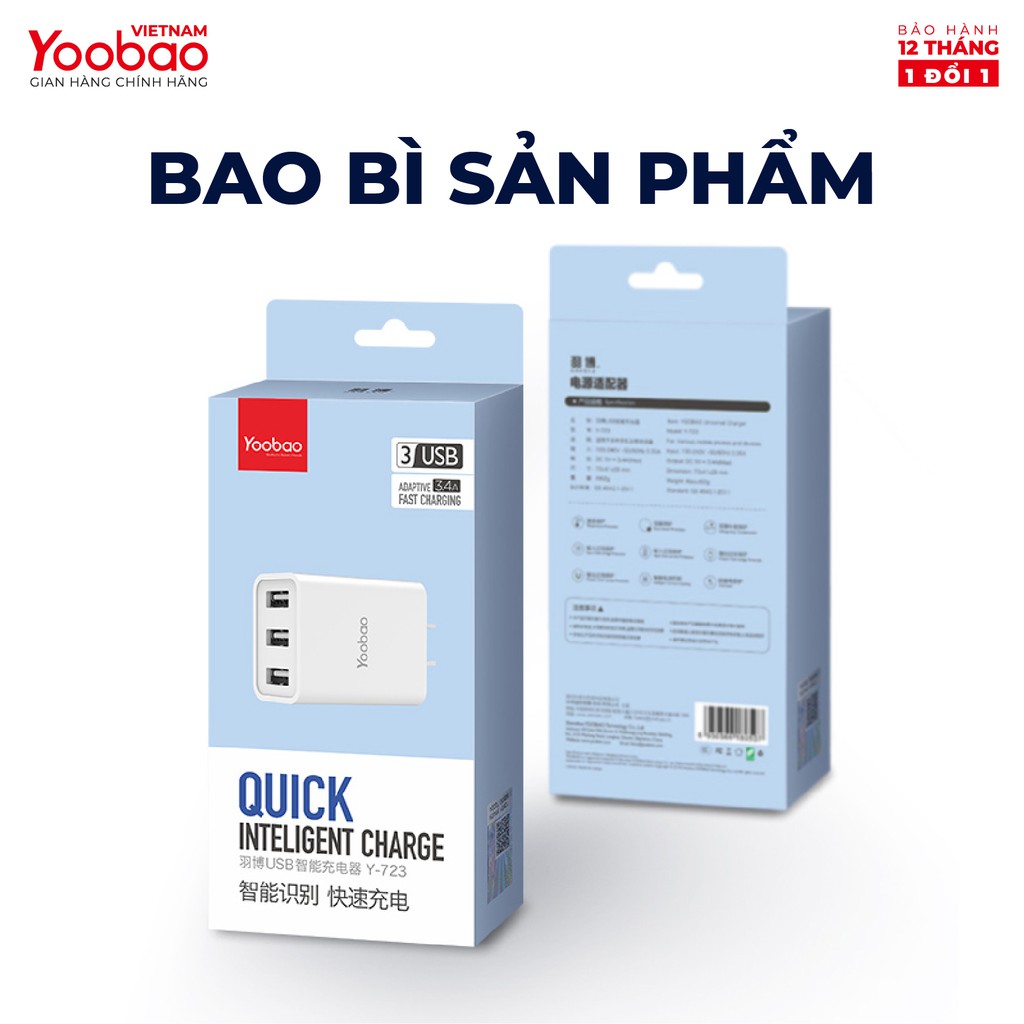 Củ sạc 3 cổng USB Yoobao Y-723 Sạc nhanh dòng 3.4A Chân dẹt kiểu EU - Hãng chính thức - Bảo hành 12 tháng 1 đổi 1