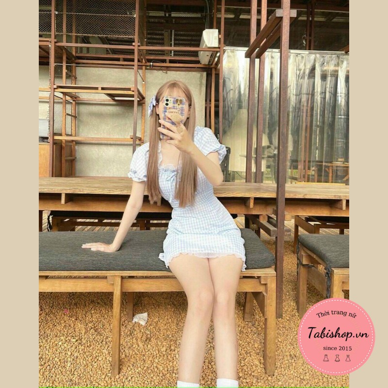 Đầm trễ vai nữ caro xanh TABISHOP Váy tiểu thư phối ren phong cách ulzzang dự tiệc đi chơi xinh xắn