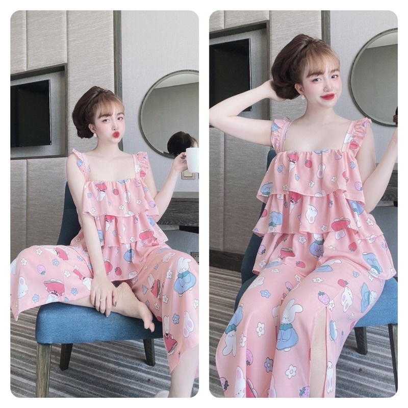 Bộ mặc nhà Trúc My áo 2 dây cánh tiên bèo tầng và quần dài ống suông rộng vải lụa cao cấp