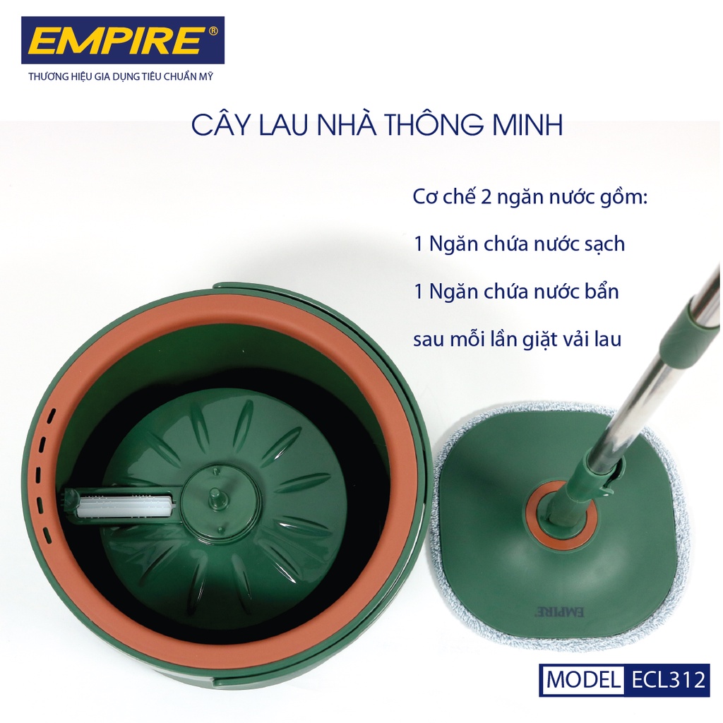 Cây lau nhà Empire, tiết kiệm nước, bông lau hình vuông, gồm 2 bông lau