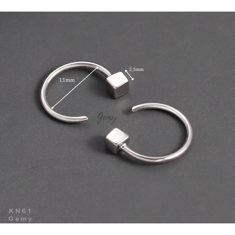 Khuyên tai nam bạc tròn mặt hình vuông móc cong unisex basic (1 chiếc) | GEMY SILVER KN61