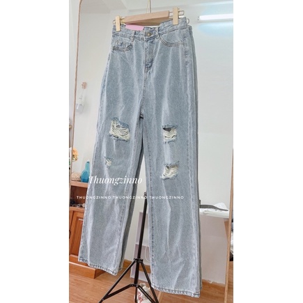 [Ảnh thật /Video]Quần ống rộng Xanh sáng cá tính thiết kế rách gối Quần ống rộng dáng Hàn Quốc