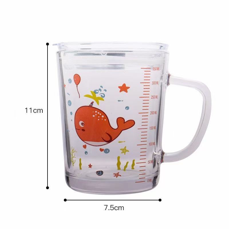 Cốc Pha Sữa Thủy Tinh Chia Vạch Có Nắp Đậy , Kèm Ống Hút Cho Bé 350ml C10 C11