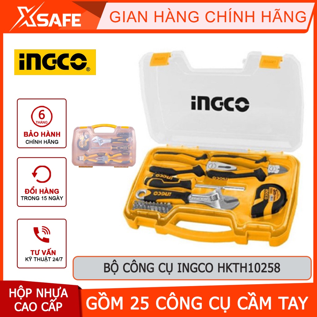 Bộ 25 dụng cụ cầm tay INGCO HKTH10258 gồm 2 kềm,1 mỏ lết,1 thước cuộn,1 chuôi và 20 mũi vít [chính hãng][xsafe]