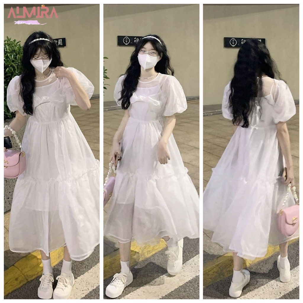 Váy Xòe Nơ Ngực To Màu Trắng 2 Lớp Tiểu Thư Ulzzang hàn Quốc
