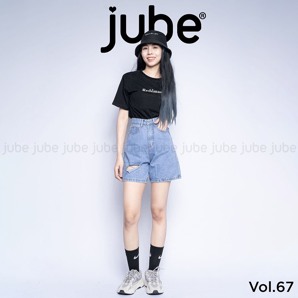 Quần Ngố Jean Nữ Rách Lưng Cao JUBE Vol.67, Quần Lửng Nữ Ống Rộng Lai Cuốn Vải Jean Không Co Giãn BST Good Girl Gone Bad