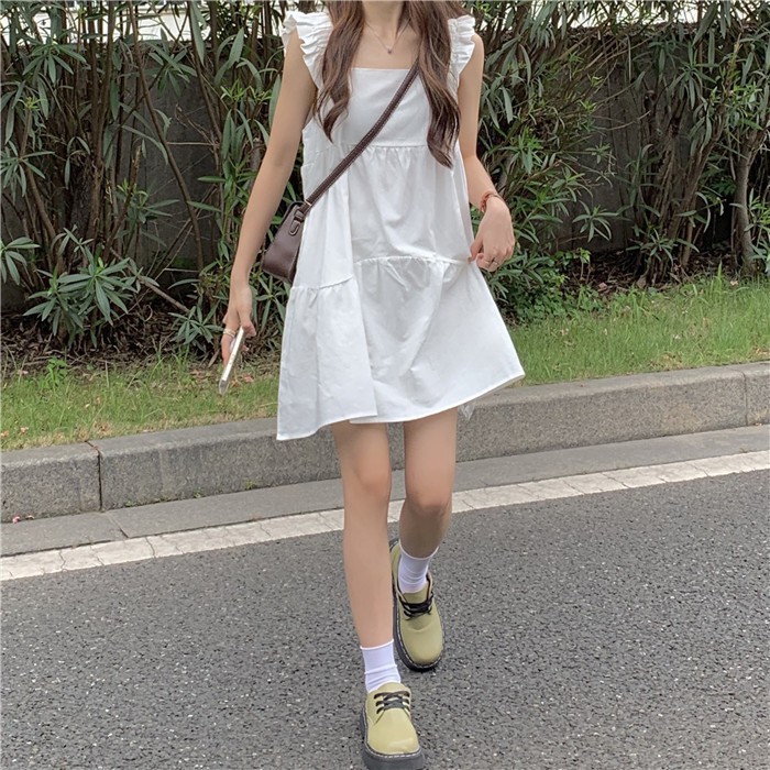 Đầm 2 dây babydoll  nhún bèo ngực, đầm dáng xòe babydoll 2 dây | BigBuy360 - bigbuy360.vn