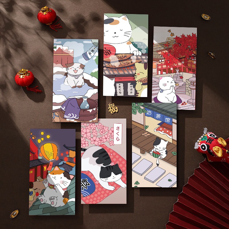 Combo 6 lì xì mèo Nhật Bản Dáng dài không phải gập tiên biểu cảm dễ thương may mắn tài lộc 2023 - Ráp