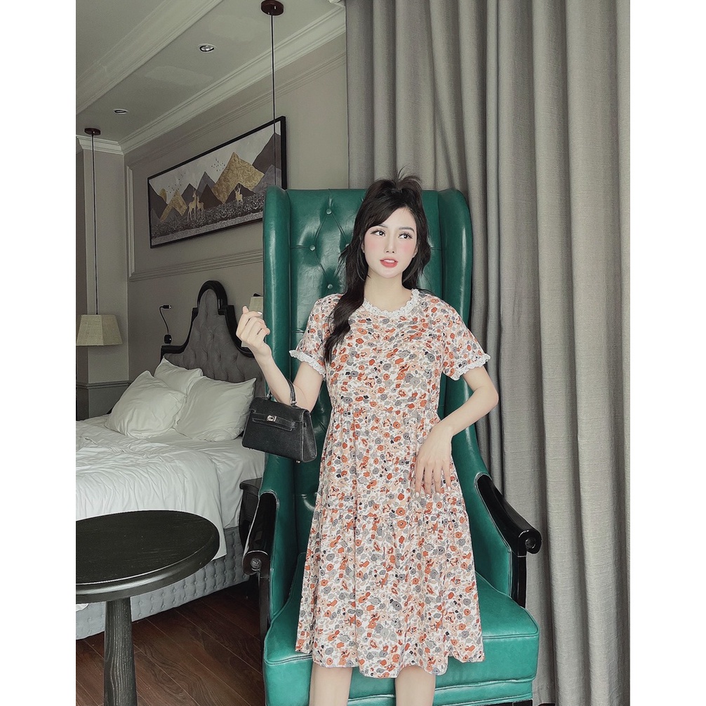 Váy Bầu Hoa Nhí Tay Ren, Cổ Ren☘️Đầm Bầu Hè Cộc Tay Công Sở☘️✨đi làm , đi chơi đều được ✨☘️freesize 45-68kg