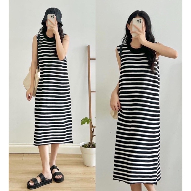 Đầm len Mongtoghi sát nách rách cổ kẻ ngang xẻ tà, Váy len Quảng Châu cao cấp dáng dài