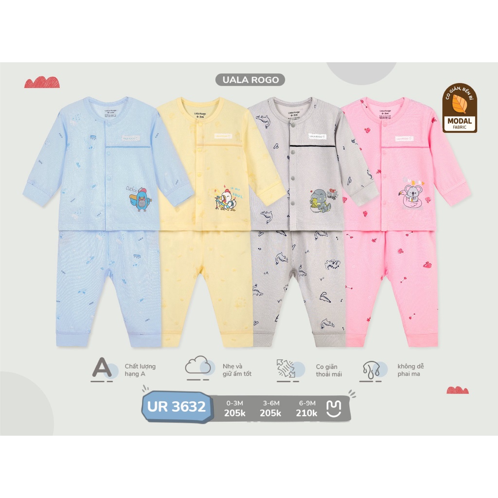 Bộ quần áo sơ sinh Ualarogo cho bé 0-9 tháng vải Modal Fabric cúc cài giữa hoạ tiết động vật dễ thương
