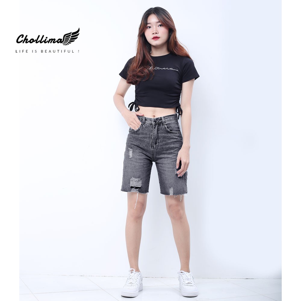 Quần shorts jean Chollima đắp túi nhỏ có nắp tua lai phong cách hàn quốc QS023