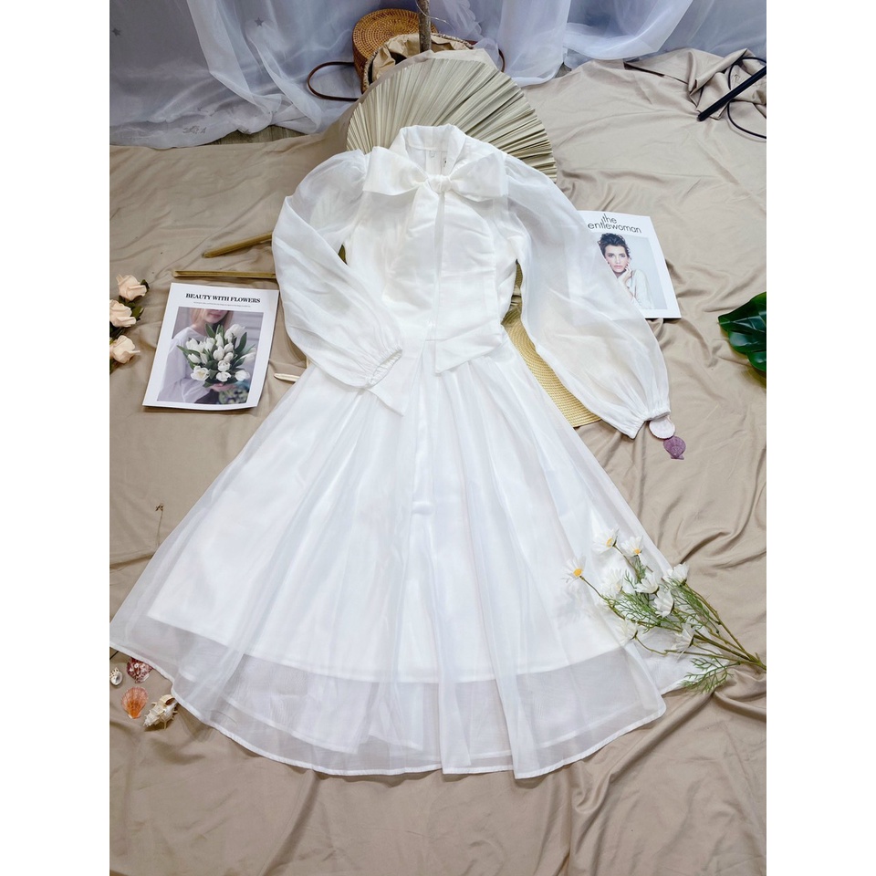 Đầm Dự Tiệc Tiểu Thư Tay Phồng Nơ Cổ - T0080 Copines