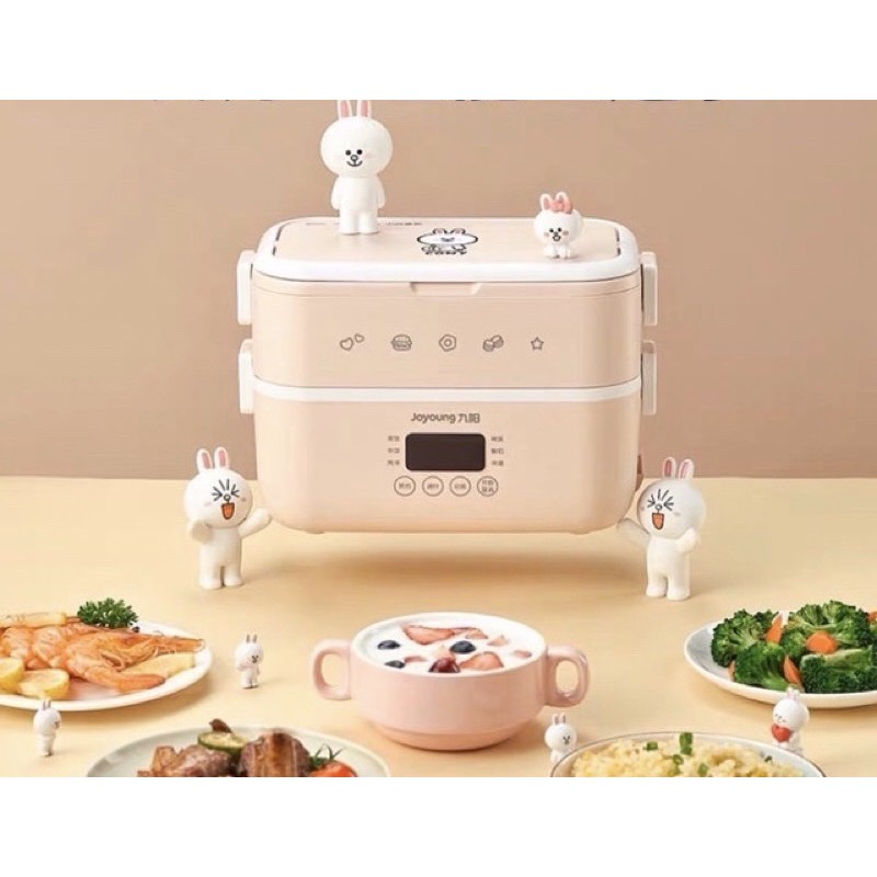 Hộp Cơm Nấu Cơm, Giữ Nhiệt Tự Động 2 tầng 3 Ngăn Inox 304 Cao Cấp Joyoung Line Friend 1.5L Gấu Brown, Vịt Sally,Thỏ Cony