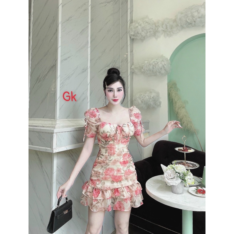 Váy Hoa Đuôi cá 💖 cổ vuông hoa nâu và hồng,rất sexy quyến rũ,mặc đi tiệc đi party đều đẹp