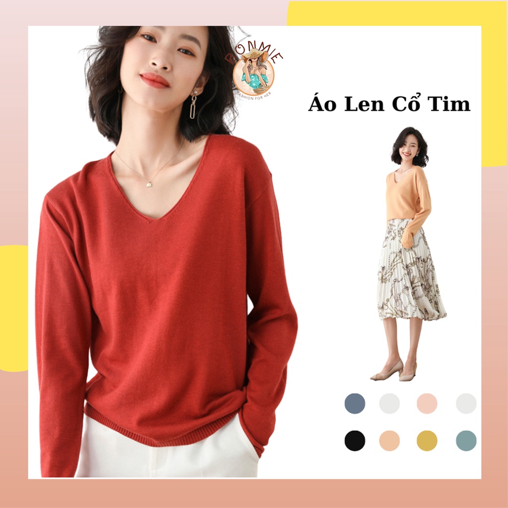 Áo len nữ dệt kim mỏng tay dài cổ V cổ tim phong cách Hàn Quốc hot trend thu đông 2021; A10 - BONMIE