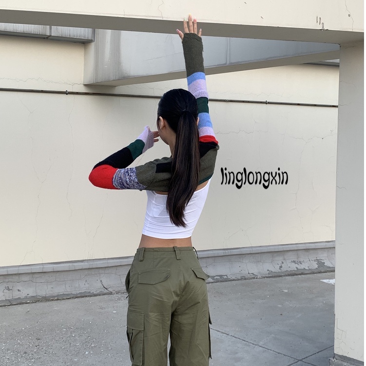 Áo Croptop Dệt Kim Tay Dài Cài Nút Màu Sắc Tương Phản Thời Trang Thu Đông Cho Nữ Linglongxi2-Y2K