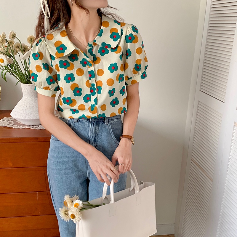 Áo Sơ Mi Nữ Tay Ngắn In Hoa Thời Trang Hàn Quốc