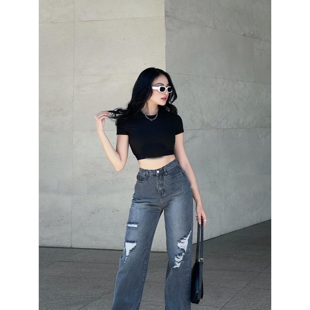 [ RẠNG ĐÔNG ] QUẦN JEANS ỐNG RỘNG NỮ LƯNG CAO RÁCH MẢNG NÚI 2 ĐÙI MÀU XÁM LAI CUỐN MỀM MỊN SIÊU PHONG CÁCH HOT HIT NITI