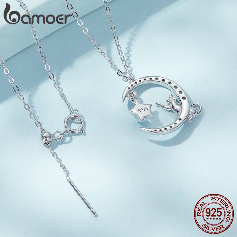 Vòng cổ Bamoer Bạc 925 Mặt Hình Mèo Và Mặt Trăng Thời Trang Cho Nữ