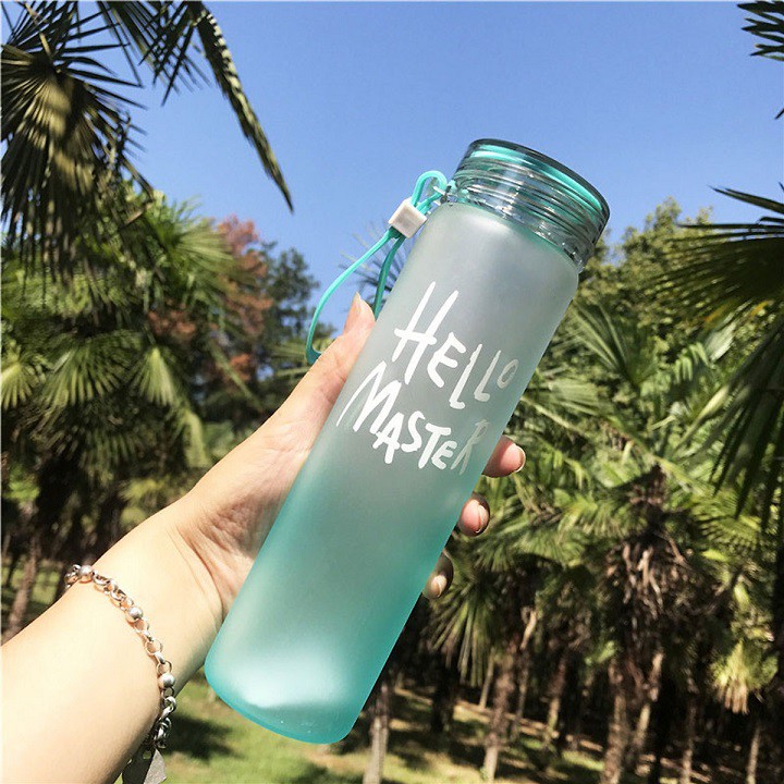 SẴN HÀNG- Bình đựng nước thủy tinh in chữ Hello Master cực xinh dung tích 450ml . LG11