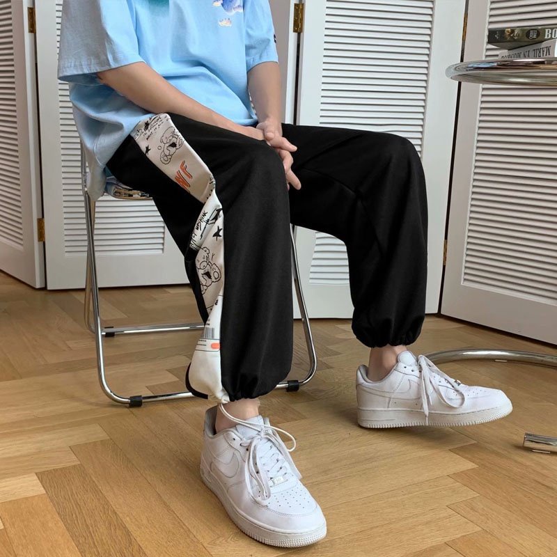 Quần jogger nữ bo chun gấu sọc họa tiết hoạt hình chất nỉ da cá dày dặn, quần ống rộng nam nữ dáng jogger mặc thu đông