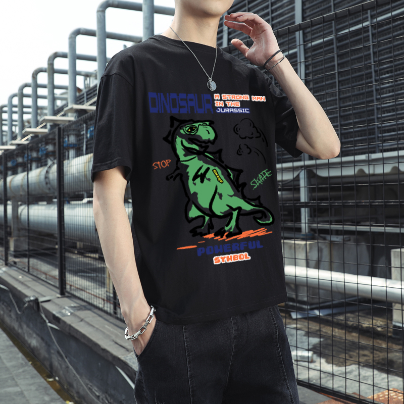 Mùa hè mới áo thun nam ngắn tay nam thương hiệu hip-hop khủng long graffiti sinh viên nửa tay phong cách Hồng Kông lỏng lẻo xu hướng từ bi