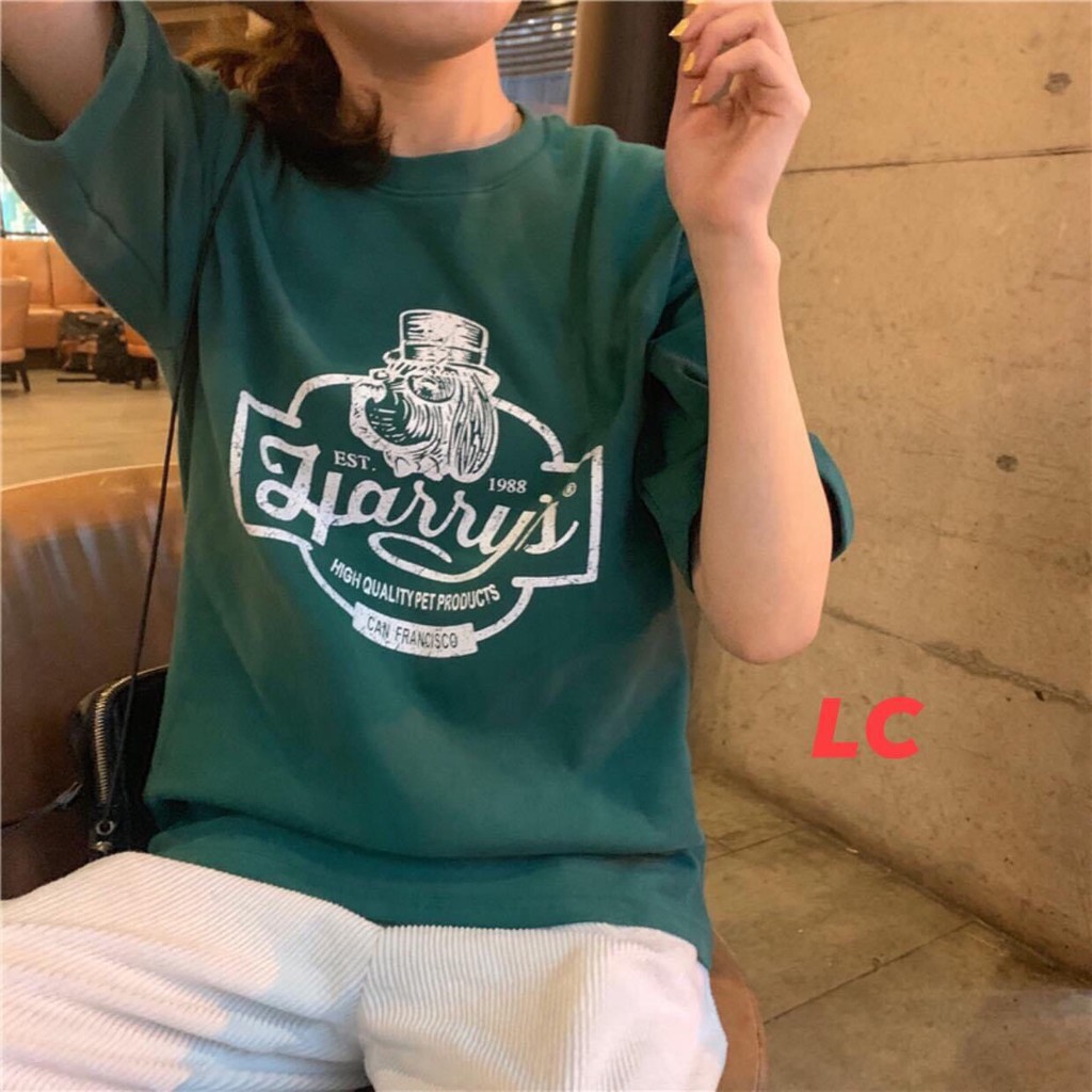 Áo Phông Cổ Tròn Dáng Rộng In Hình Harry's 🎁 Nana's House 🎁 Thun tay lỡ oversize màu xanh rêu trẻ trung, cá tính | BigBuy360 - bigbuy360.vn