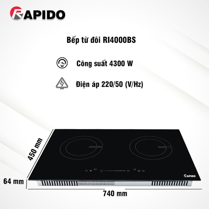 Bếp từ đôi Rapido RI4000BS - 9 cấp độ công suất, bảng điều khiển kiểu trượt - Hàng chính hãng