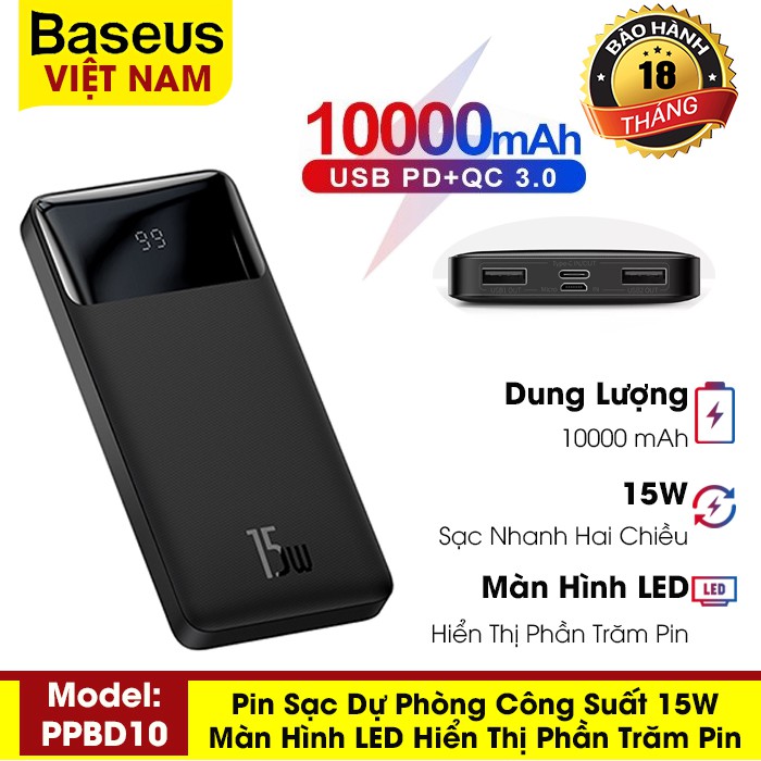 Pin sạc dự phòng Baseus dung lượng 10000mAh, công suất 15W sạc nhanh QC, PD, màn hình LED hiển thị