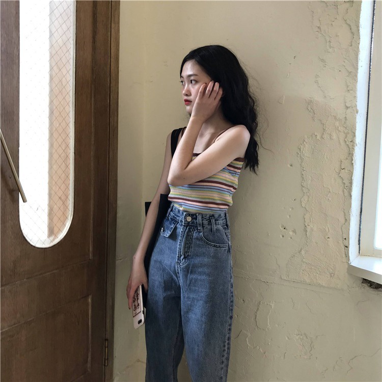 Áo 2 dây ZHELIHANGFEI dệt kim kẻ sọc màu cầu vồng