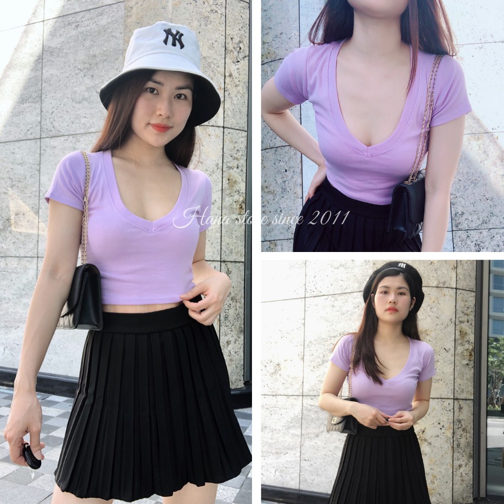 Áo croptop cổ chữ V, tay ngắn dáng ômfreesize[Ảnh thật] hàng có sẵn tại Hana Store