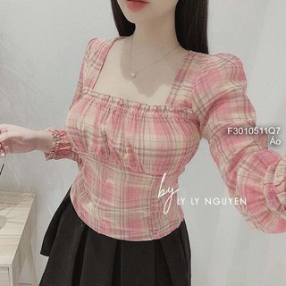 Áo kẻ caro cổ vuông tay dài bo!