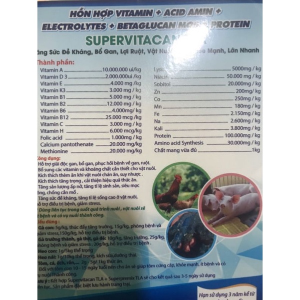 supervitacal TLA sản phẩm hôn hợp vitamin + acid amin+ electrolyte+ betaglucan mos+ protein tăng trọng,tăng sức đề khang