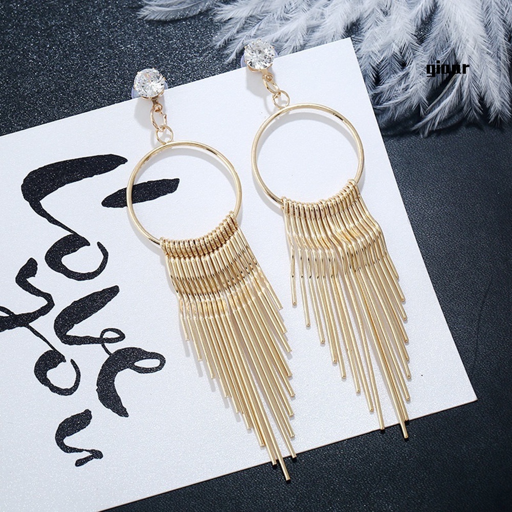 Bông Tai Kim Loại Dáng Dài Chống Dị Ứng Đính Đá Zircon Phối Tua Rua Thời Trang Cho Nữ