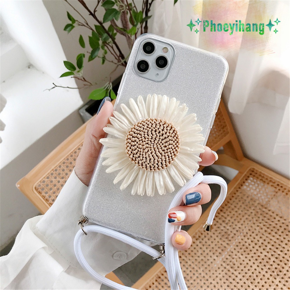 Huawei Y6p Mate 30 20 Pro Mate 10 Y7 Prime 2017 Y9 2018 Honor Play Honor 8X Y5 Y6 II Straw hat sunflower lanyard Glitter Phone Case