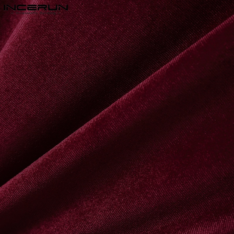 Áo INCERUN vải nhung dáng rộng tay ngắn cổ tròn màu trơn thời trang cho nam