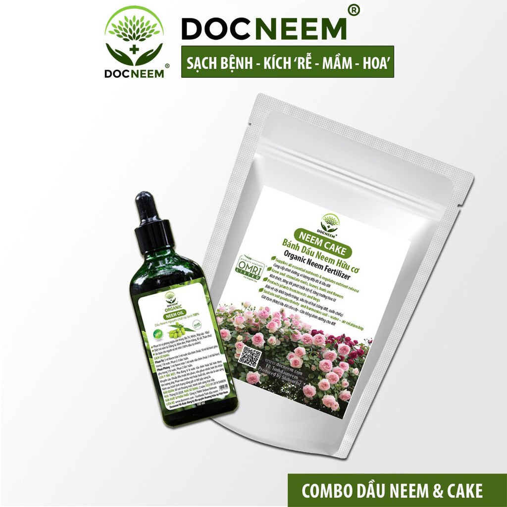 Combo Neem oil và Neem cake hữu cơ DOCNEEM trị sâu bệnh, sùng đất cuốn chiếu, kích rễ hoa hồng chai 100ml và túi 1kg
