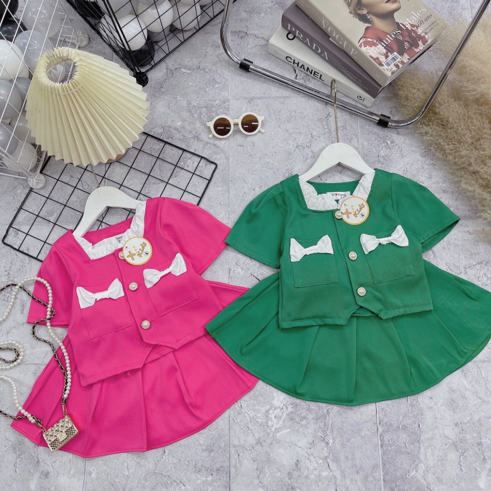 Sét váy dạ mềm bèo cổ thắt nơ ốp ngực và phần chân váy xếp ly liền quần 15-30kg