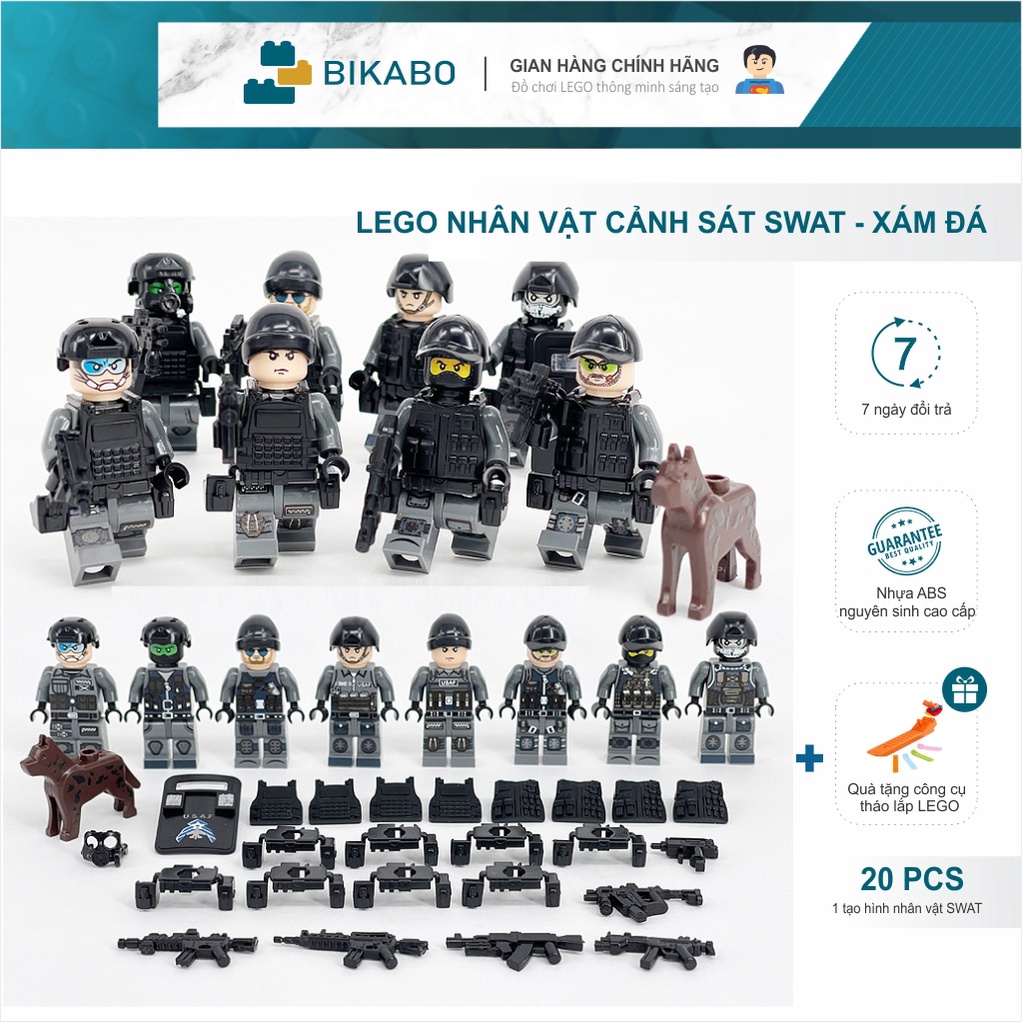 Lego minecraft, lego lính swat màu xám ( tặng kèm vũ khí ), BIKABO