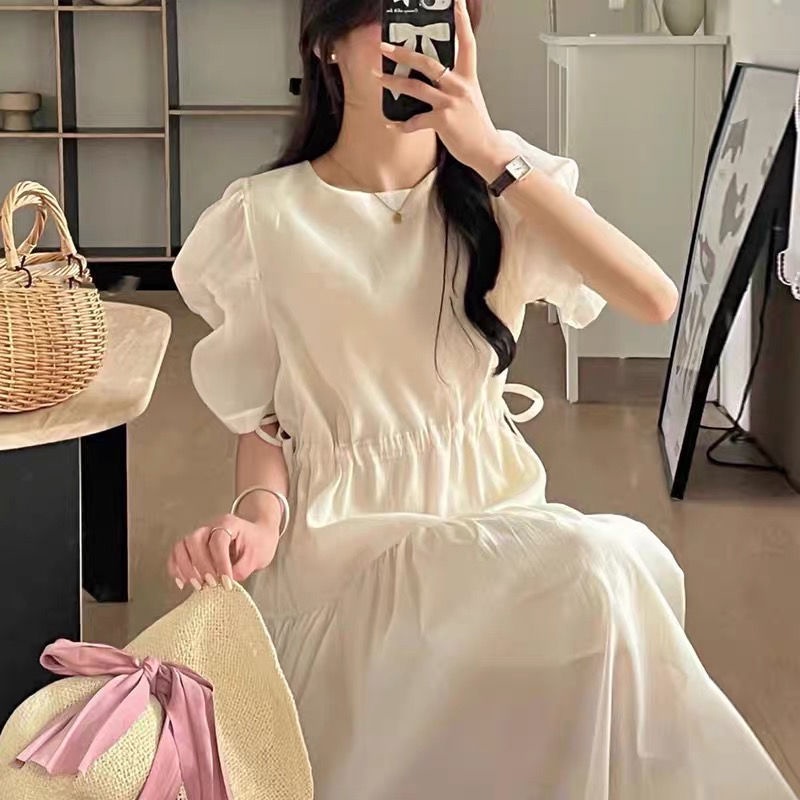 Đầm IELGY ngắn tay chiết eo màu xanh dương/ mơ phong cách Pháp ngọt ngào cho nữ