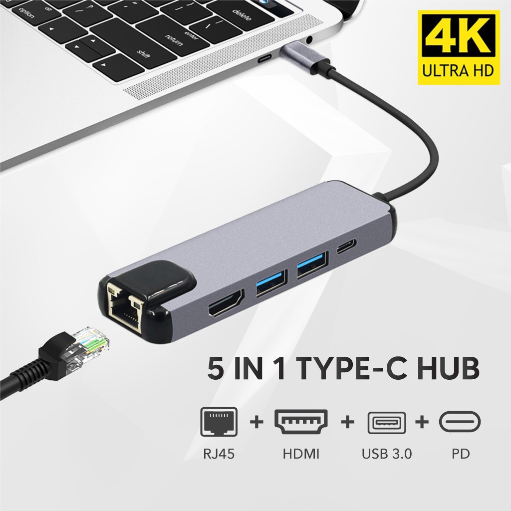 Hub chuyển đổi Type-C cho Macbook Air/ Pro/ iPad/ Surface, điện thoại 5in1 adapter to HDMI/ USB 3.0/ Ethernet LAN/ USB-C