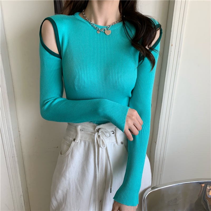 Áo sweater dệt kim tay dài hở vai thời trang Hàn Quốc quyến rũ