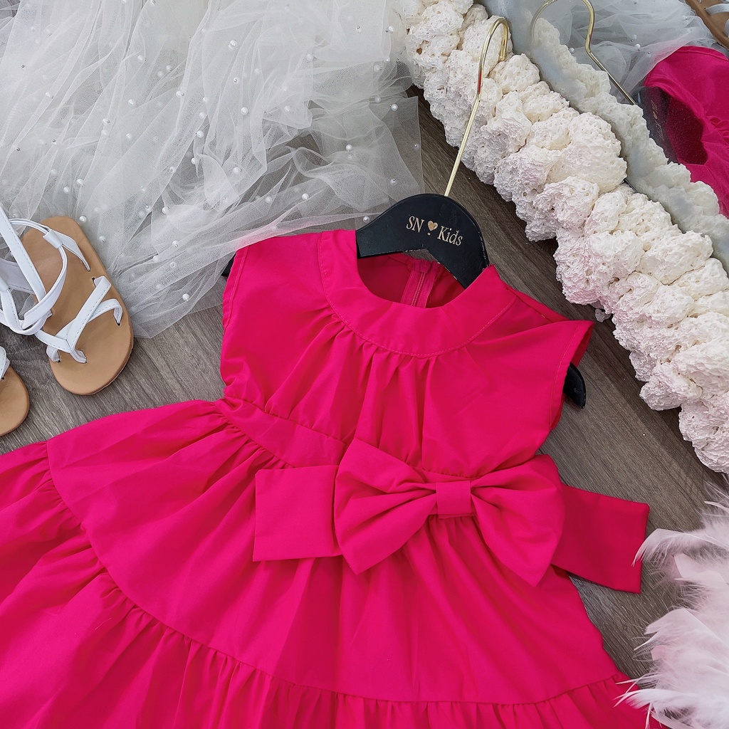 Váy xòe bé gái, cặp váy thô nến nơ hông dáng xòe cho bé size 12-35kg