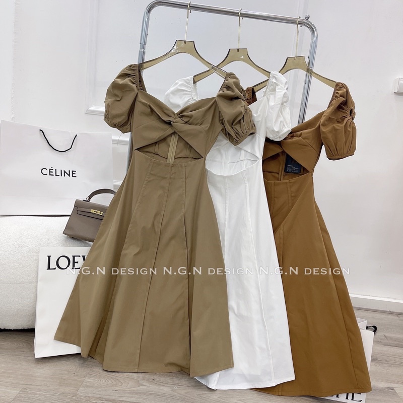 Váy Thô Xoắn Eo Tay Phồng Dáng Dài Siêu Xinh, Váy Maxi Dáng Xoè