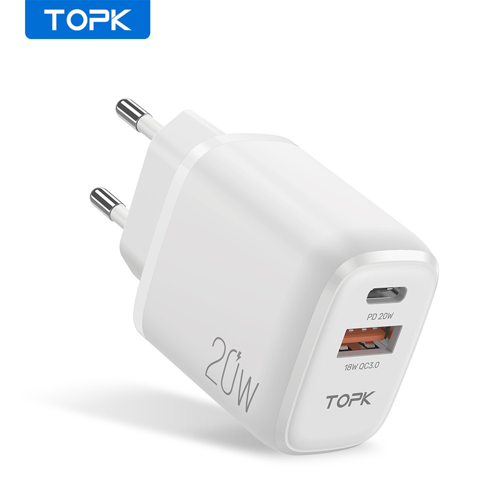 Cốc sạc TOPK B210P Mini 20W PD3.0 QC3.0 2 cổng