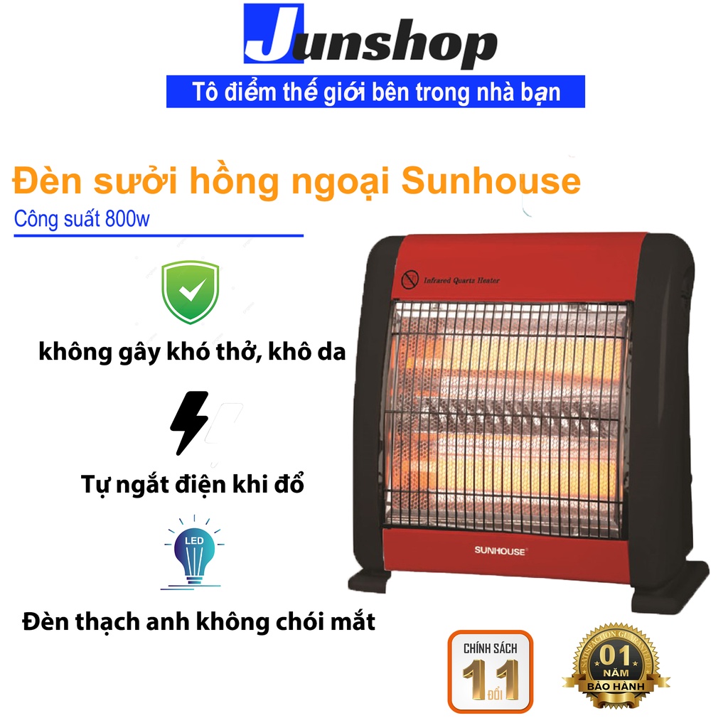 Đèn sưởi hồng ngoại Sunhouse SHD7013 loại 2 bóng Tỏa nhiệt nhanh không đốt cháy Oxi không chói mắt tự ngắt điện khi đổ.