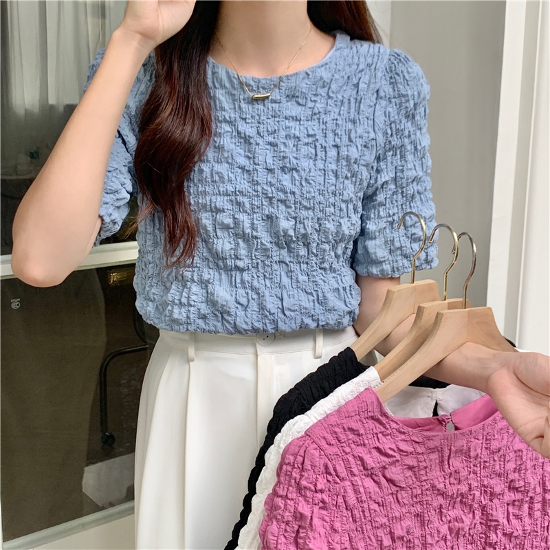 SUXI Áo Kiểu Tay Ngắn Phồng Cổ Tròn Màu Sắc Đơn Giản Thời Trang Mùa Hè Phong Cách Hàn Quốc Cho Nữ