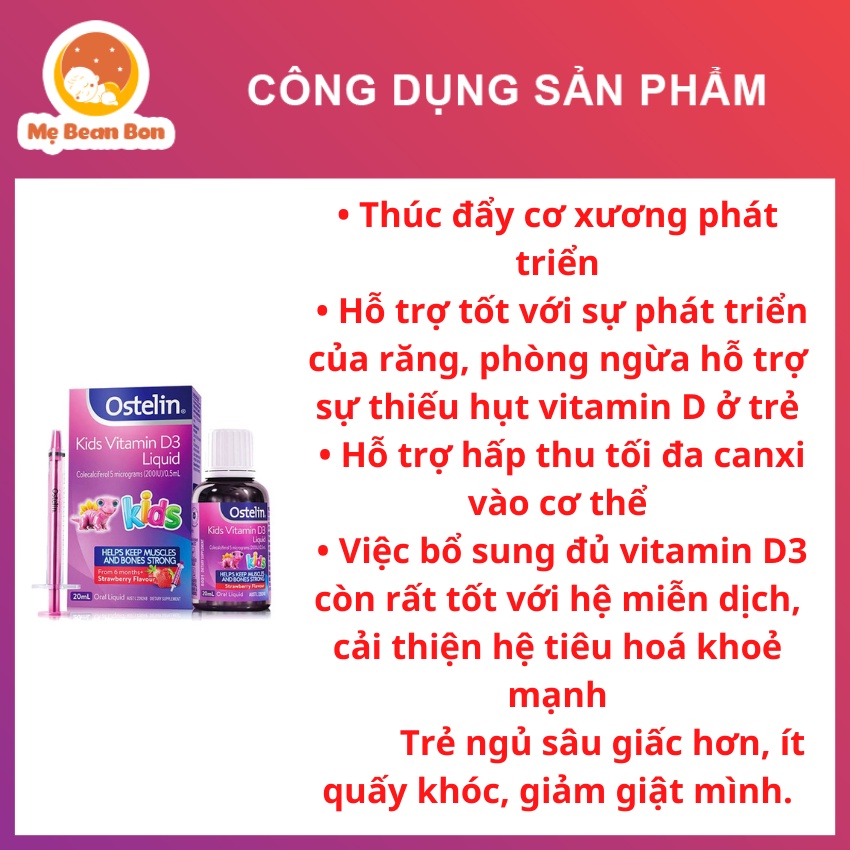 Vitamin D3 cho bé Liquid Ostelin 20ml dạng nước của Úc giúp hấp thụ canxi phát triển chiều cao cho trẻ từ 6 tháng tuổi